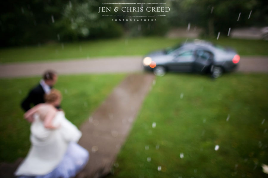 bride and groom in rain