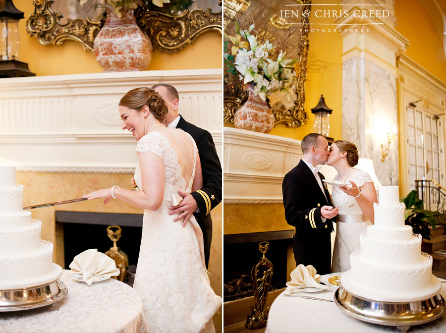 Cutting wedding cake with sword