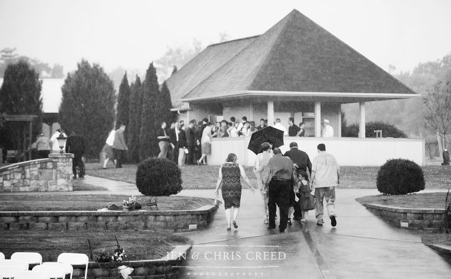 wedding guests on rainy day