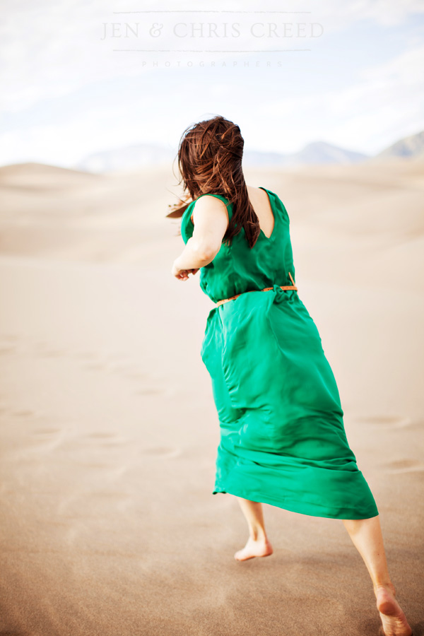 woman running in green dress