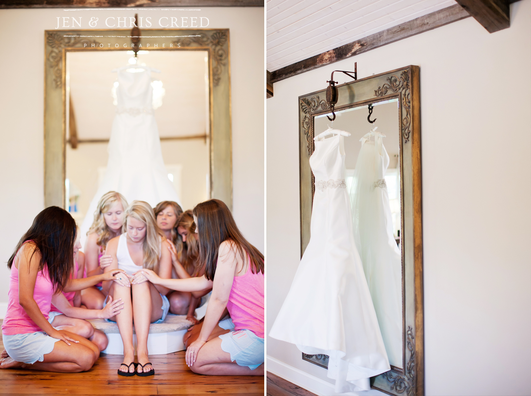 bridesmaids praying with bride