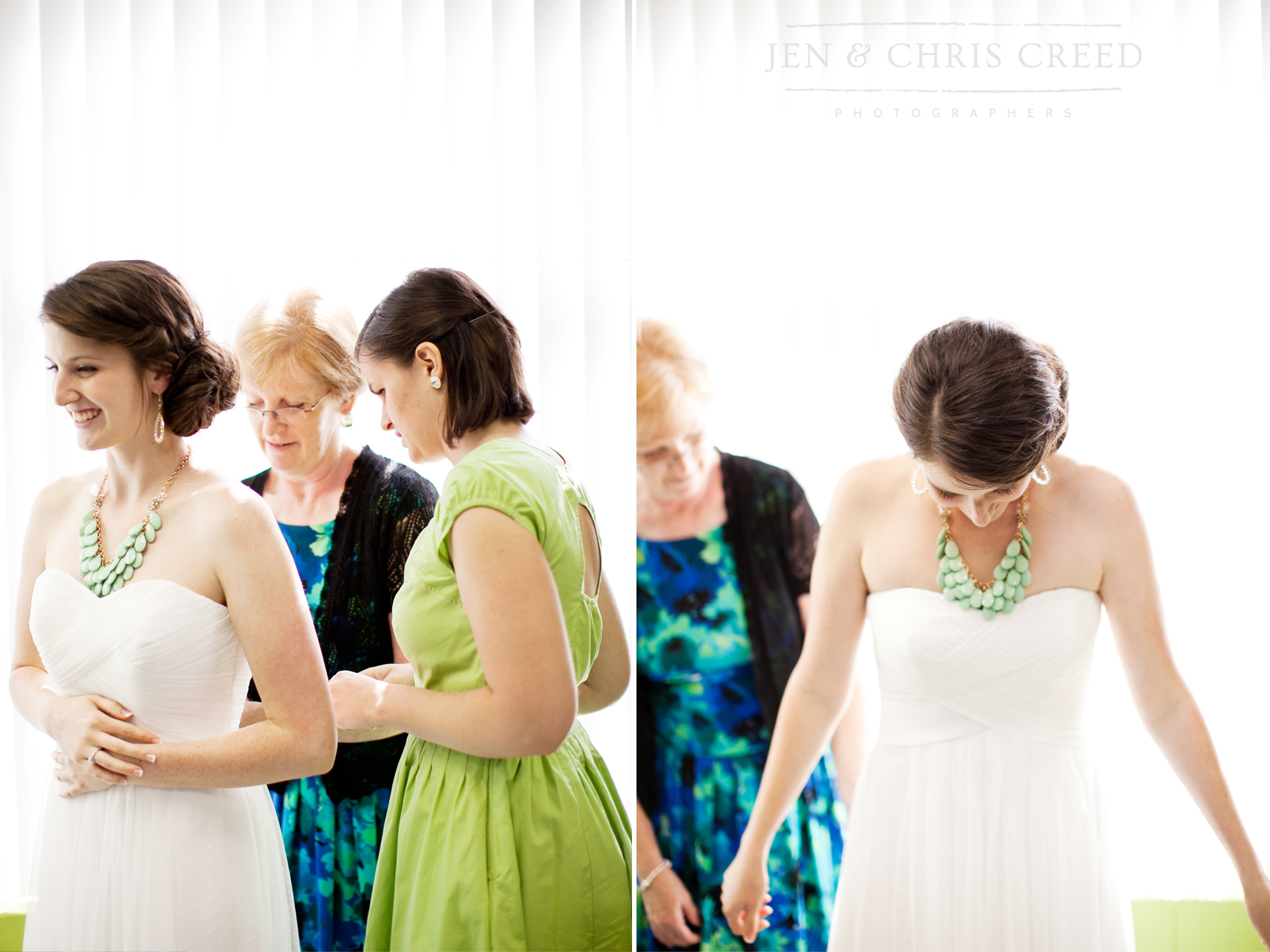 mom helping bride get dressed