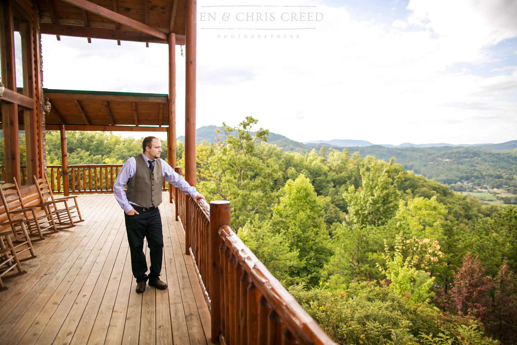 groom in mountain cabin