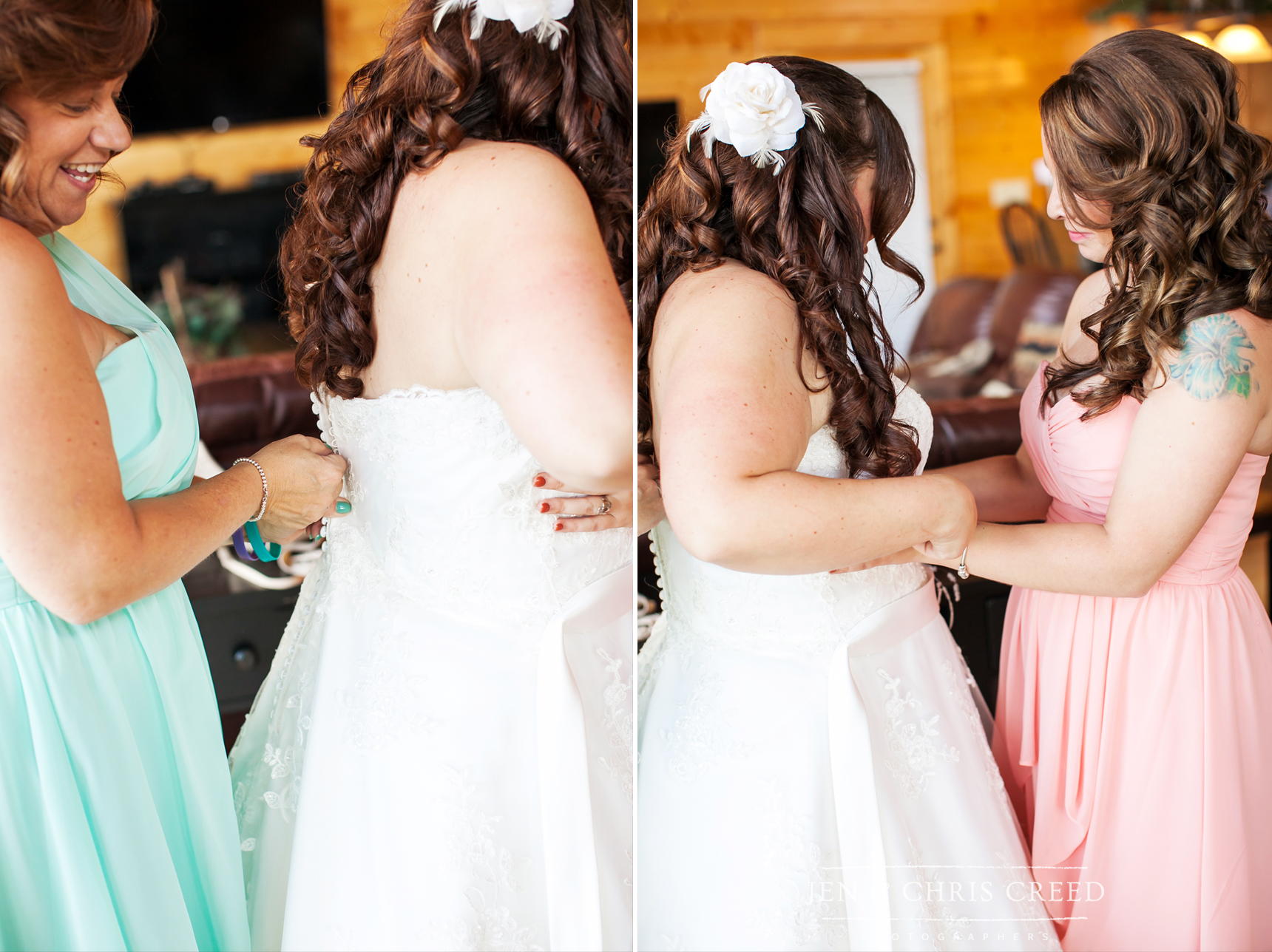 mom zipping bride's dress