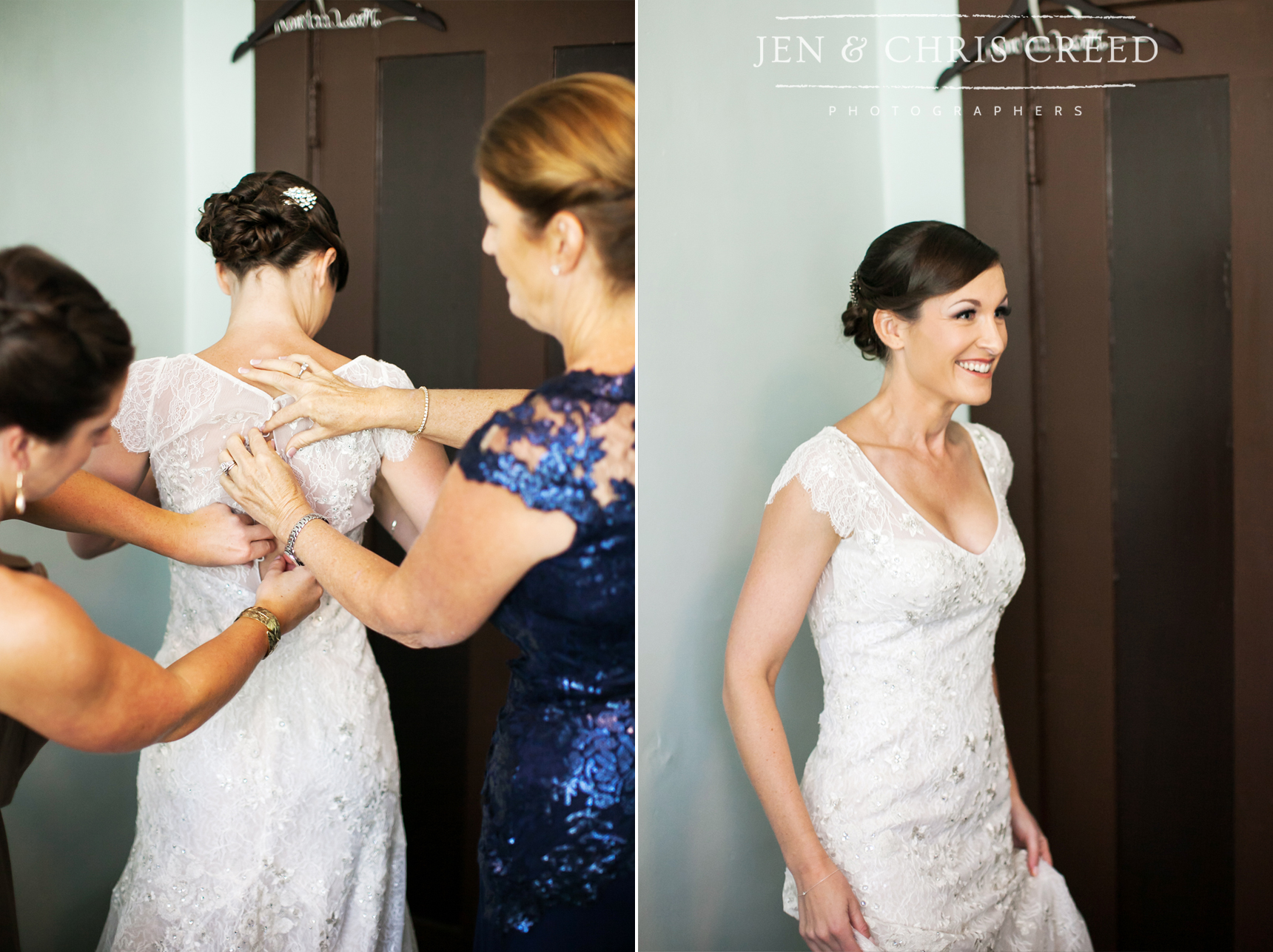 mom and sister helping bride dress