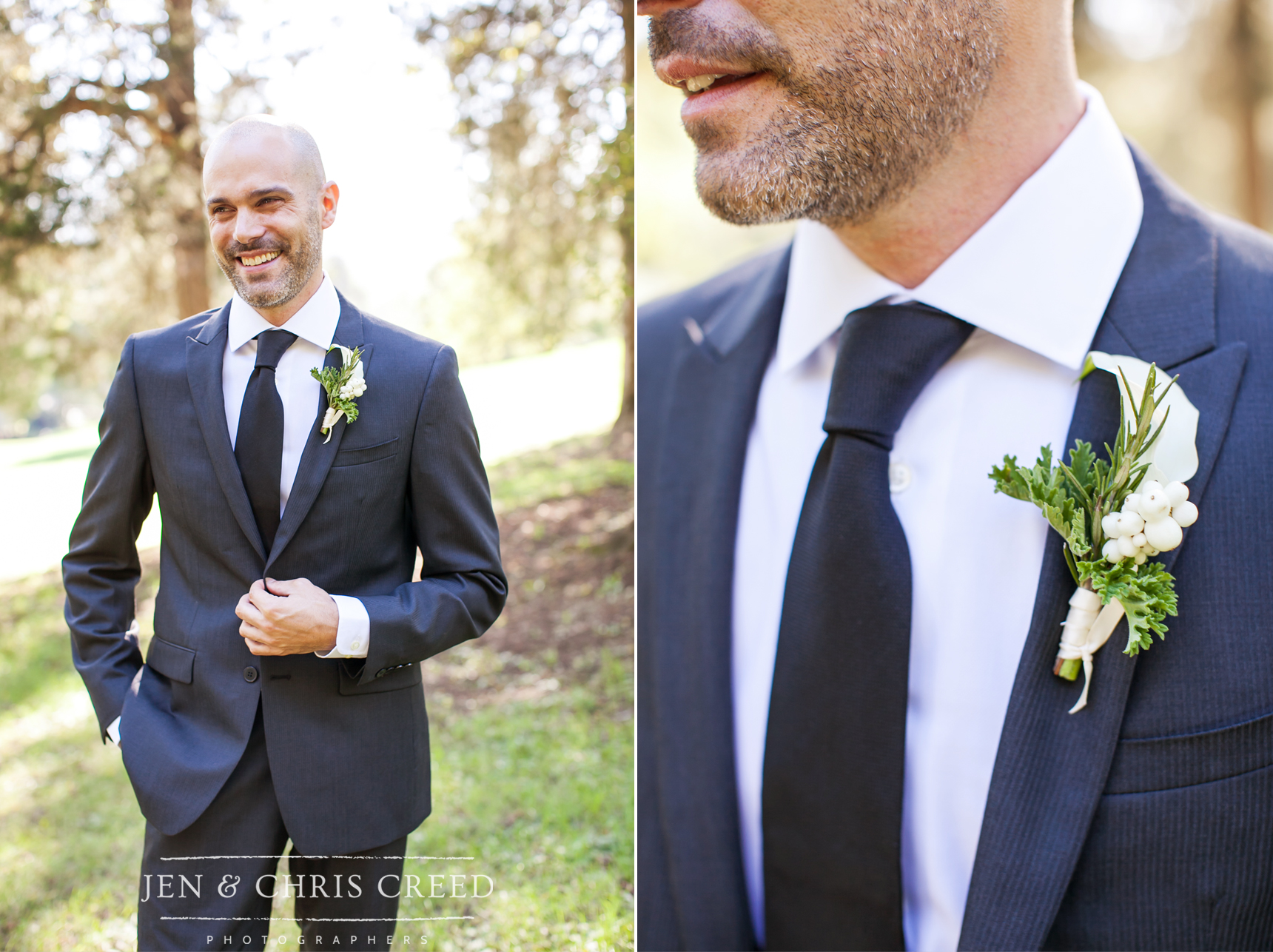 groom with green and white boutonniere