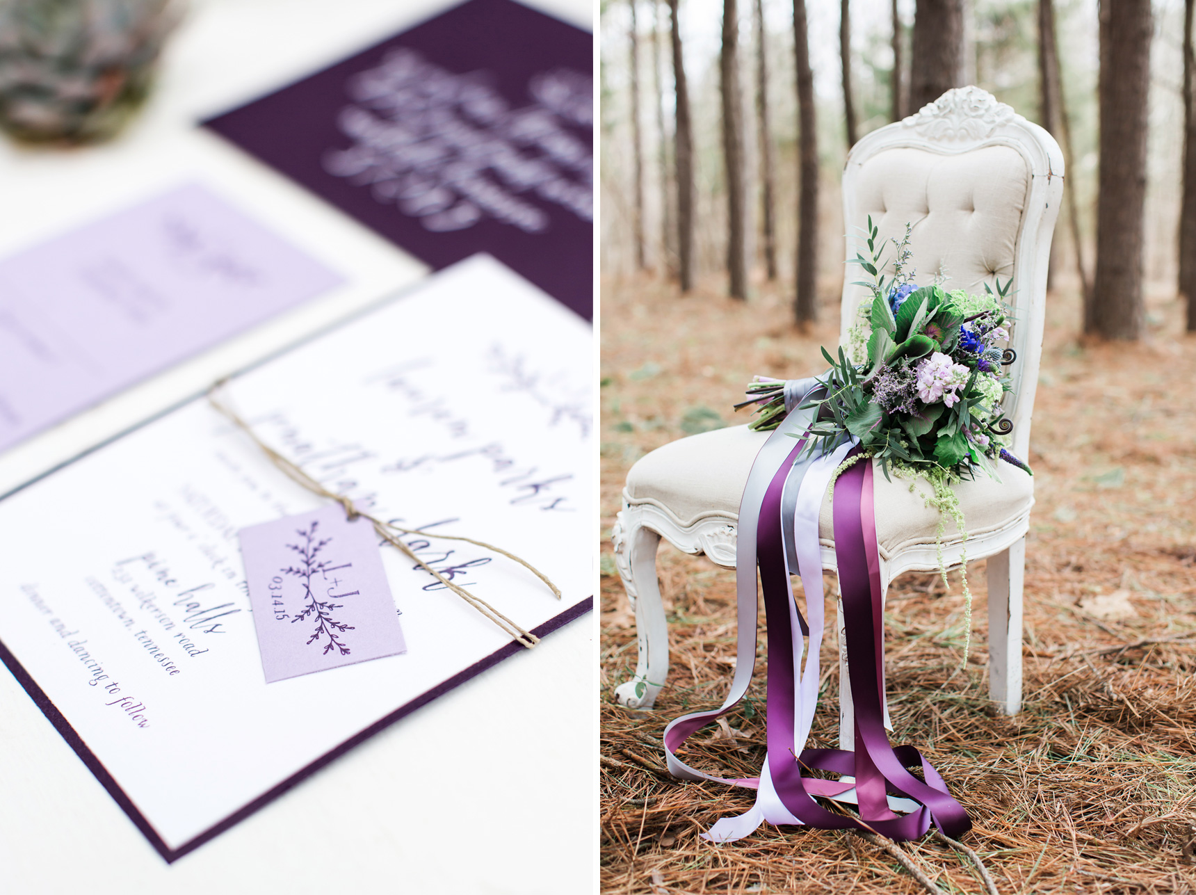 wedding bouquet with purple ribbons