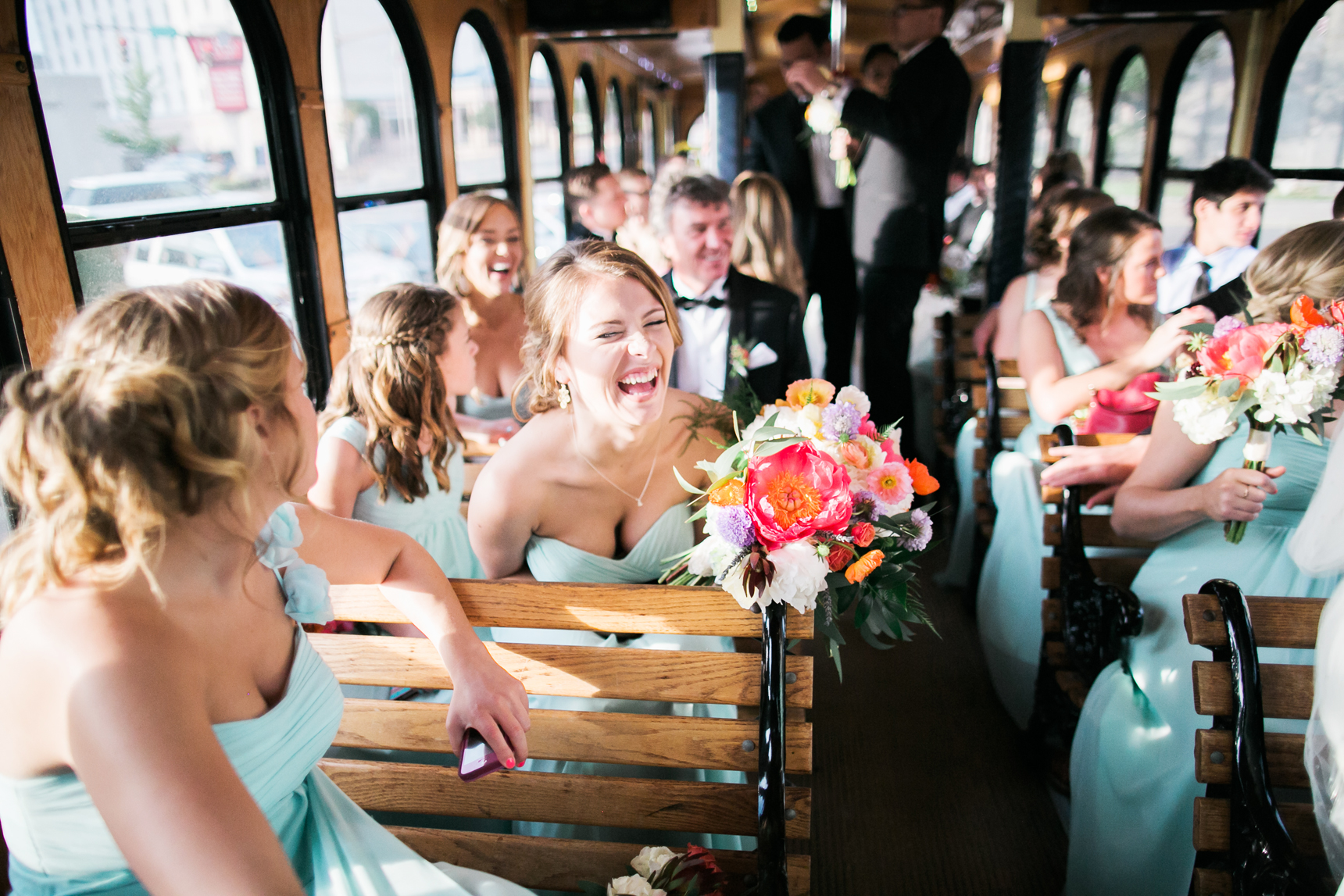 wedding party on trolley