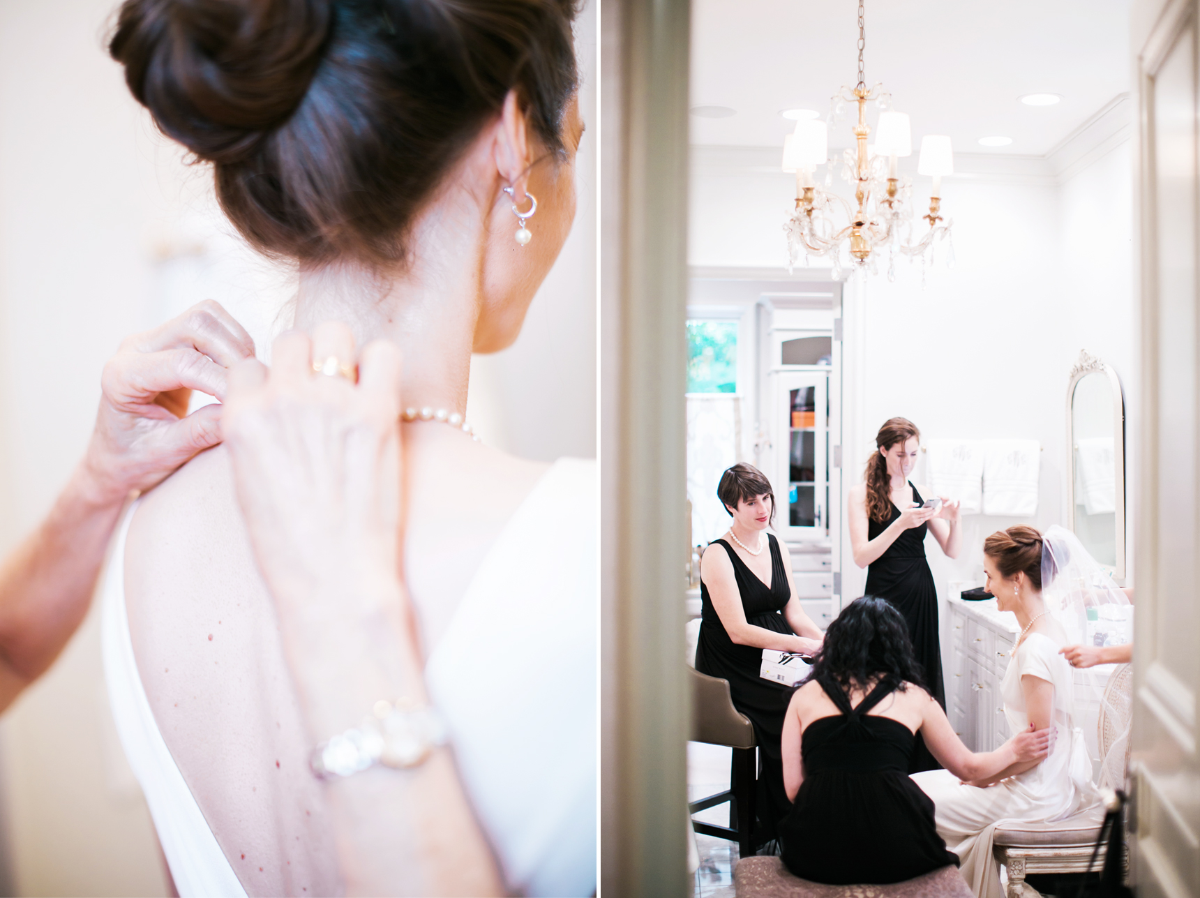 Mom fastening bride's necklace