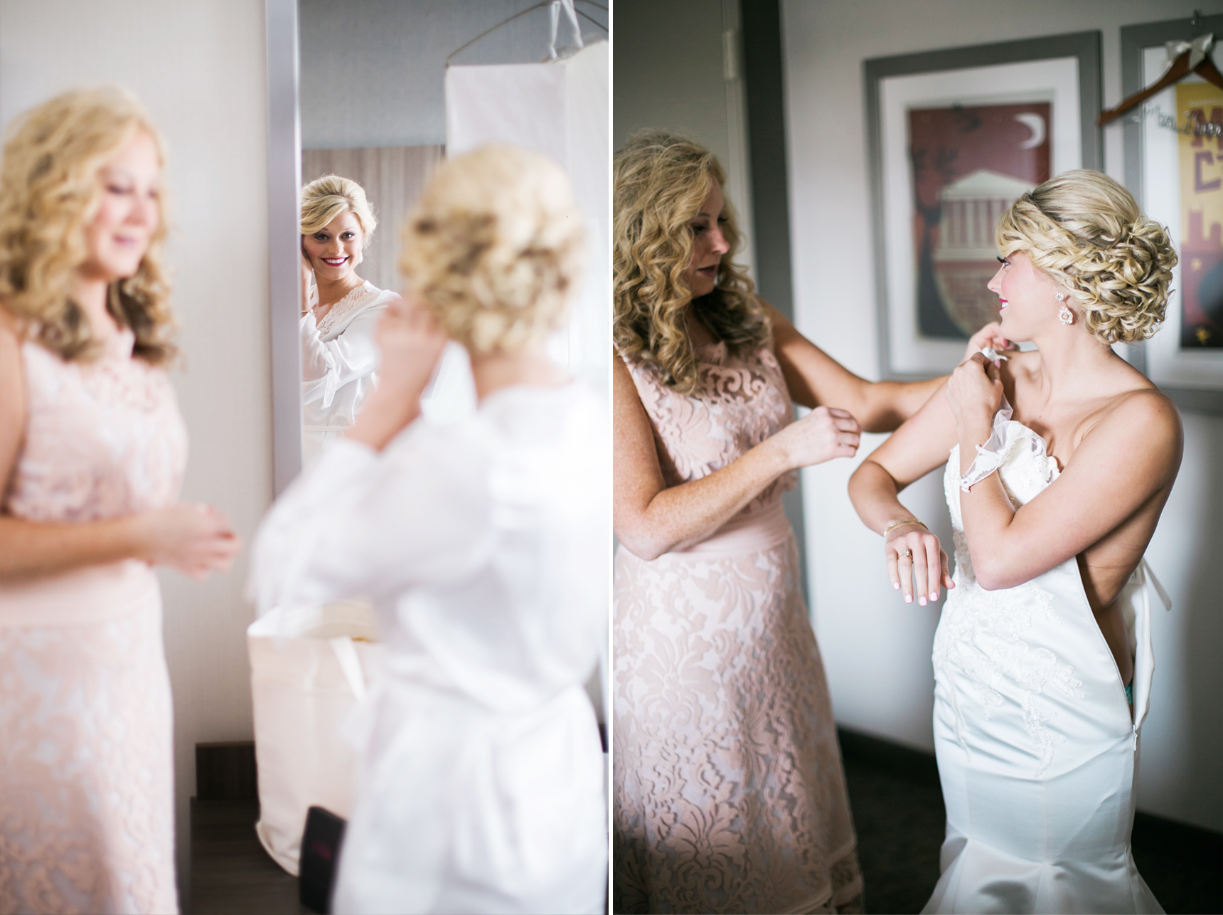 Mom helping bride get dressed