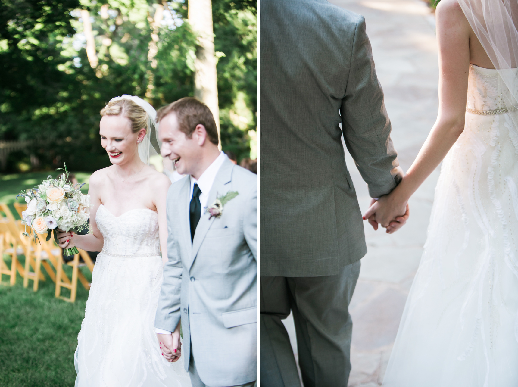 Bride and groom walking down aisle