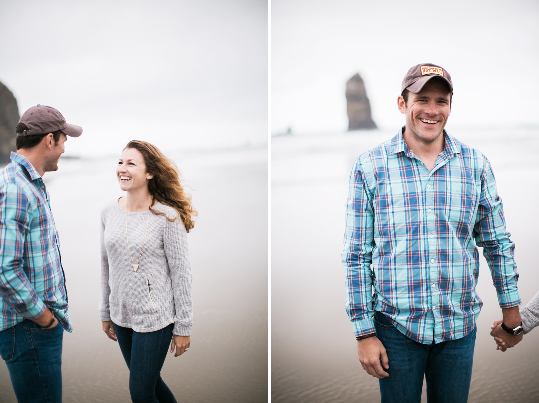 Engaged couple on Cannon Beach