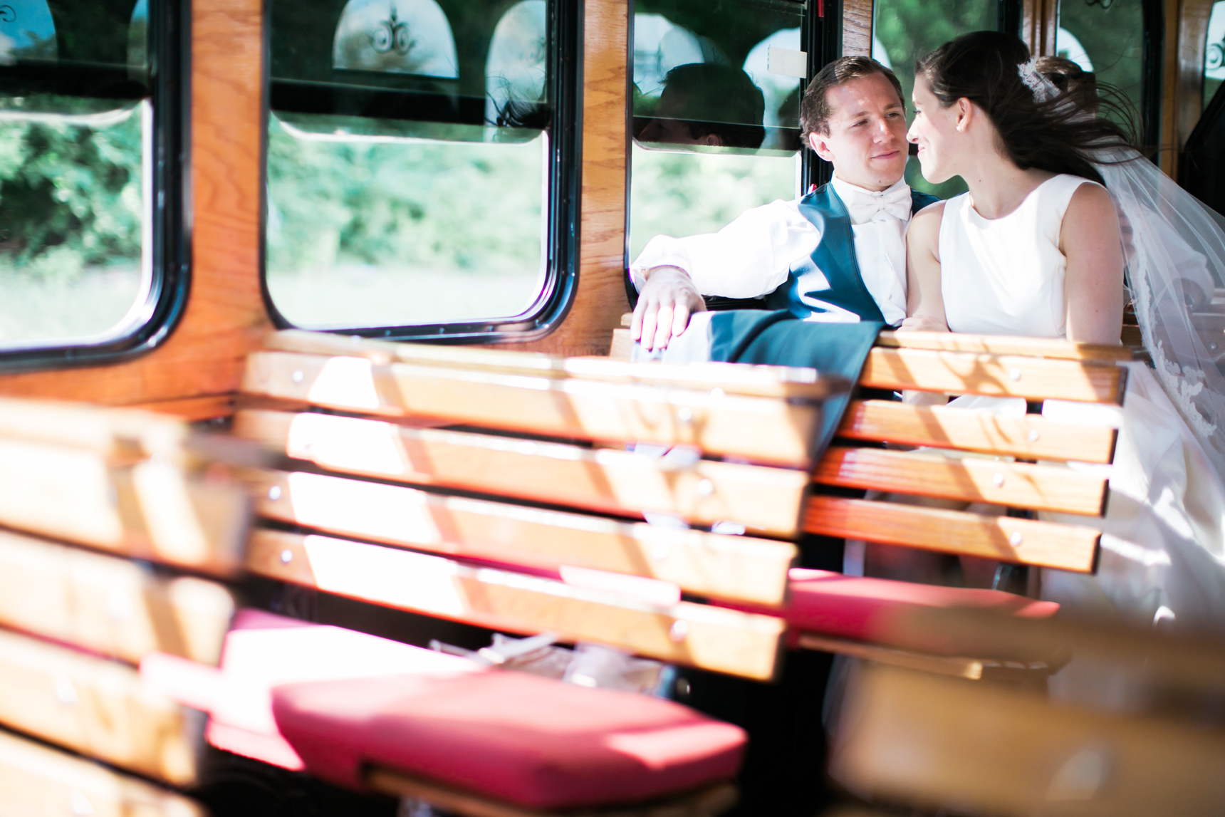 Bride and groom on trolley