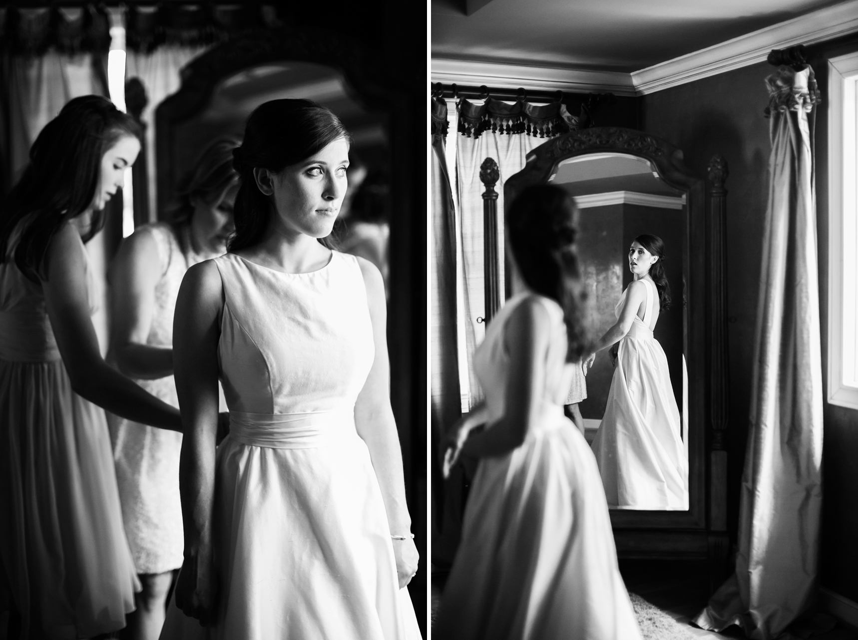 Mom and sister helping bride dress