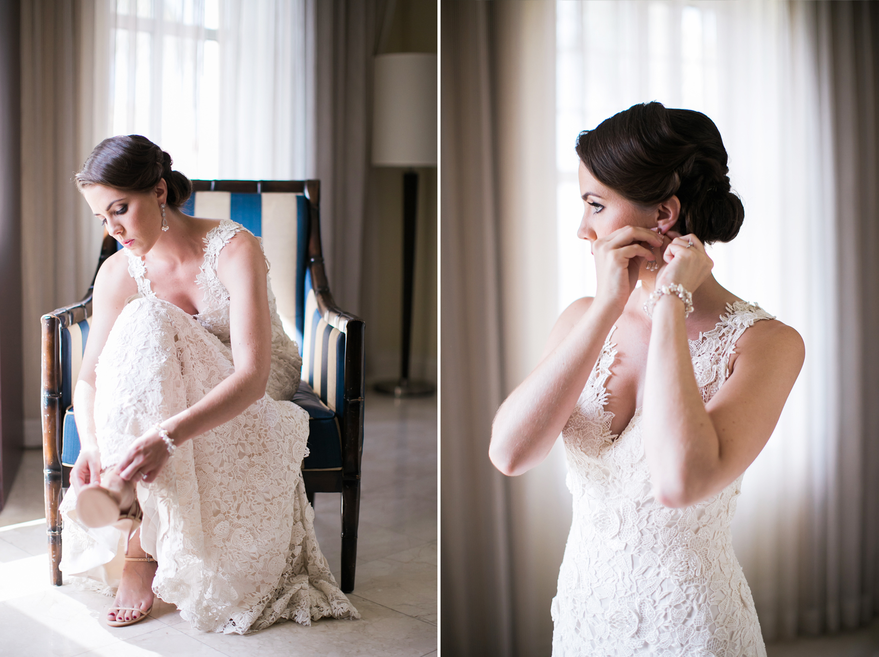 Bride putting on shoes