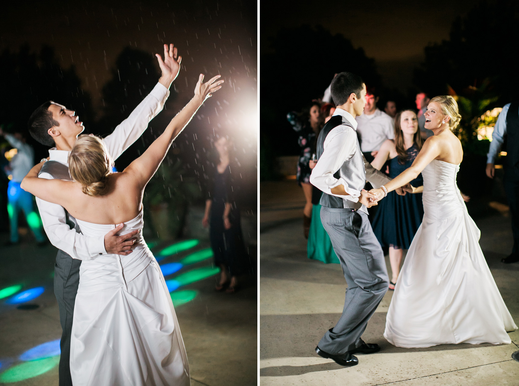 bride and groom dancing in the rain