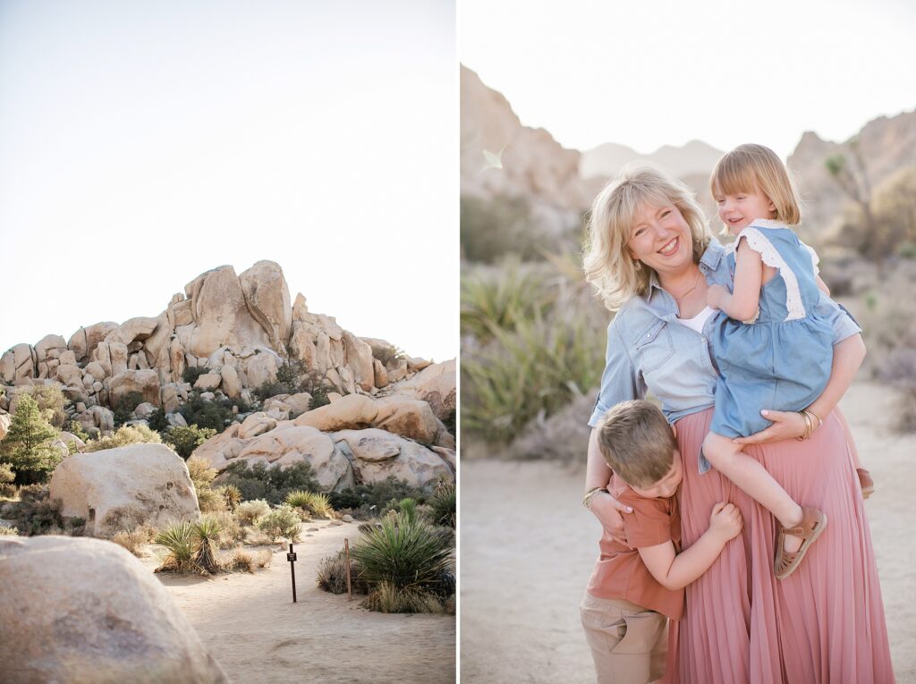 Mom holding kids in Joshua Tree